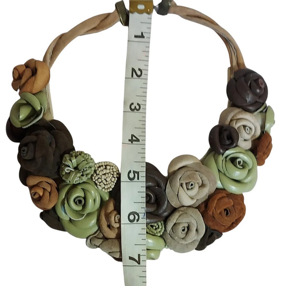 Artisan Leather Suede Floral Choker Green Brown Tan Flowers Magnetic Closure - Picture 10 of 14